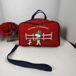 Vintage 70s Red “I’m Going to Grandma’s” Kids Overnight Bag Rolling Wheels Soft
